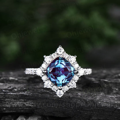 Alexandrite ring Cushion cut alexandrite engagement ring set halo unique rose gold engagement ring women promise bridal wedding ring women