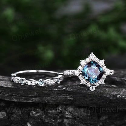 Alexandrite ring Cushion cut alexandrite engagement ring set halo unique rose gold engagement ring women promise bridal wedding ring women