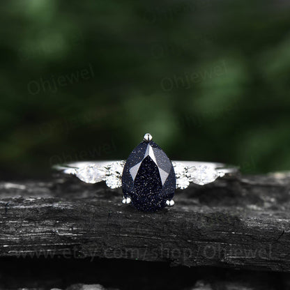Pear shaped blue sandstone engagement ring set 14k rose gold vintage unique engagement ring moissanite ring set for women wedding ring set