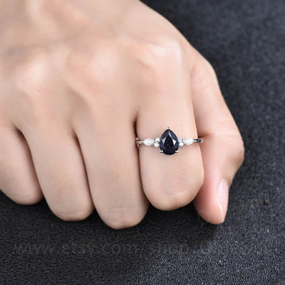 Pear shaped blue sandstone engagement ring set 14k rose gold vintage unique engagement ring moissanite ring set for women wedding ring set