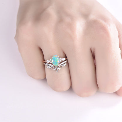 Oval cut opal engagement ring set 14k rose gold art deco vintage unique engagement ring moissanite ring for women Norse Viking ring Jewelry