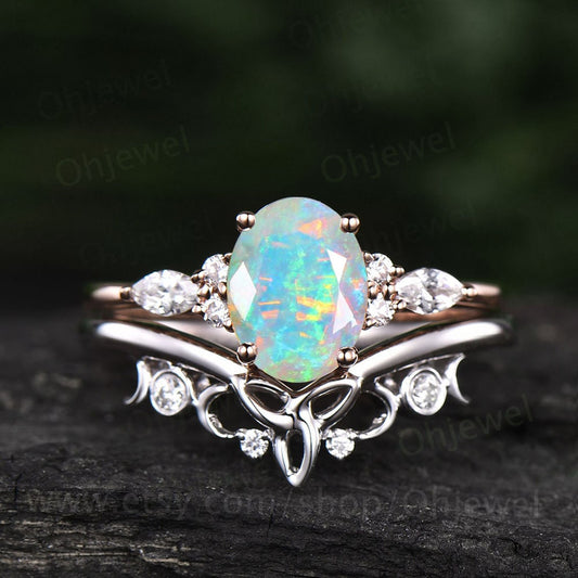 Oval cut opal engagement ring set 14k rose gold art deco vintage unique engagement ring moissanite ring for women Norse Viking ring Jewelry