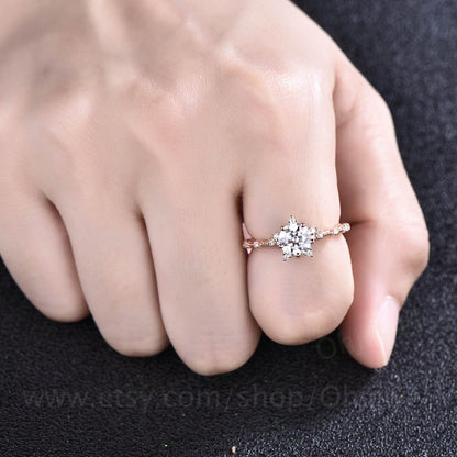 Unique 1ct round cut moissanite engagement ring art deco rose gold vintage style diamond ring for women antique jewelry dainty wedding ring