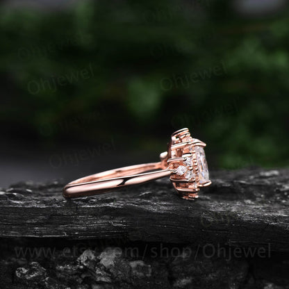 Oval cut moissanite engagement ring 14k rose gold art deco halo cluster vintage unique engagement ring antique bridal wedding ring for women
