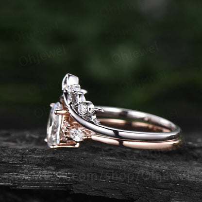 Unique vintage oval cut moissanite engagement ring set art deco moissanite ring rose gold wedding ring set women norse viking ring Jewelry