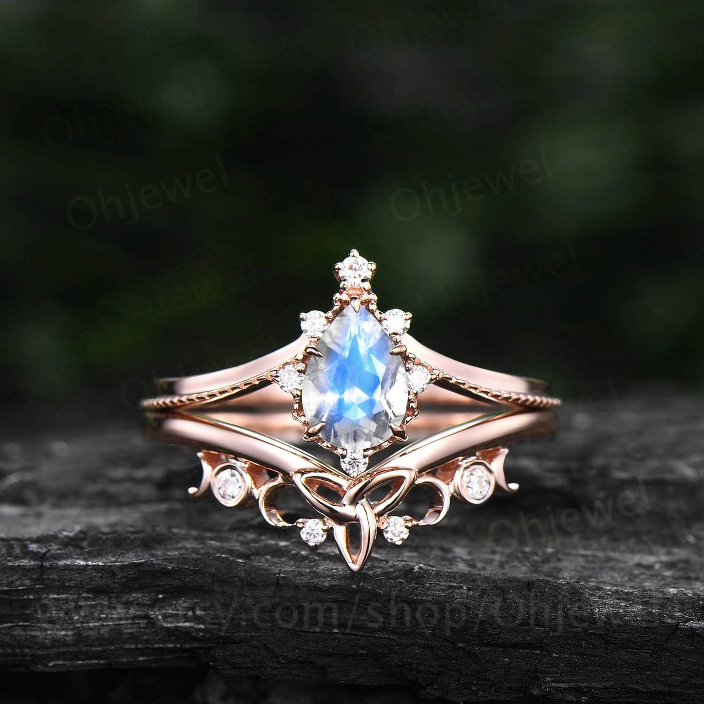 Pear shaped moonstone engagement ring set 14k white gold unique vintage engagement ring moissanite ring for women Norse Viking ring jewelry