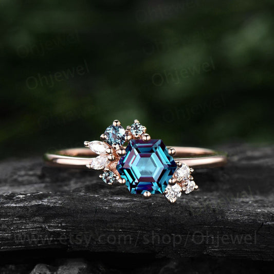 Hexagon cut Alexandrite ring gold silver for women vintage unique Alexandrite engagement ring cluster art deco moissanite bridal ring gifts