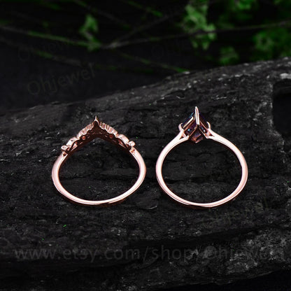 Vintage kite shaped Alexandrite engagement ring set rose gold dainty solitaire unique engagement ring moissanite bridal ring set for women