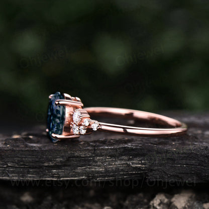 Vintage oval cut Alexandrite engagement ring 14k rose gold dainty cluster snowdrift unique engagement ring moissanite wedding ring for women