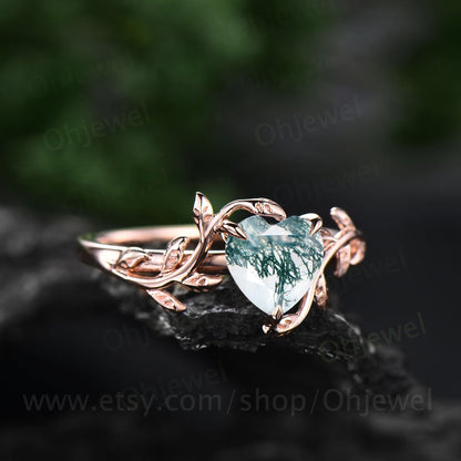 Twig Heart shaped moss agate engagement ring leaf rose gold silver unique vintage solitaire engagement ring promise wedding ring for women