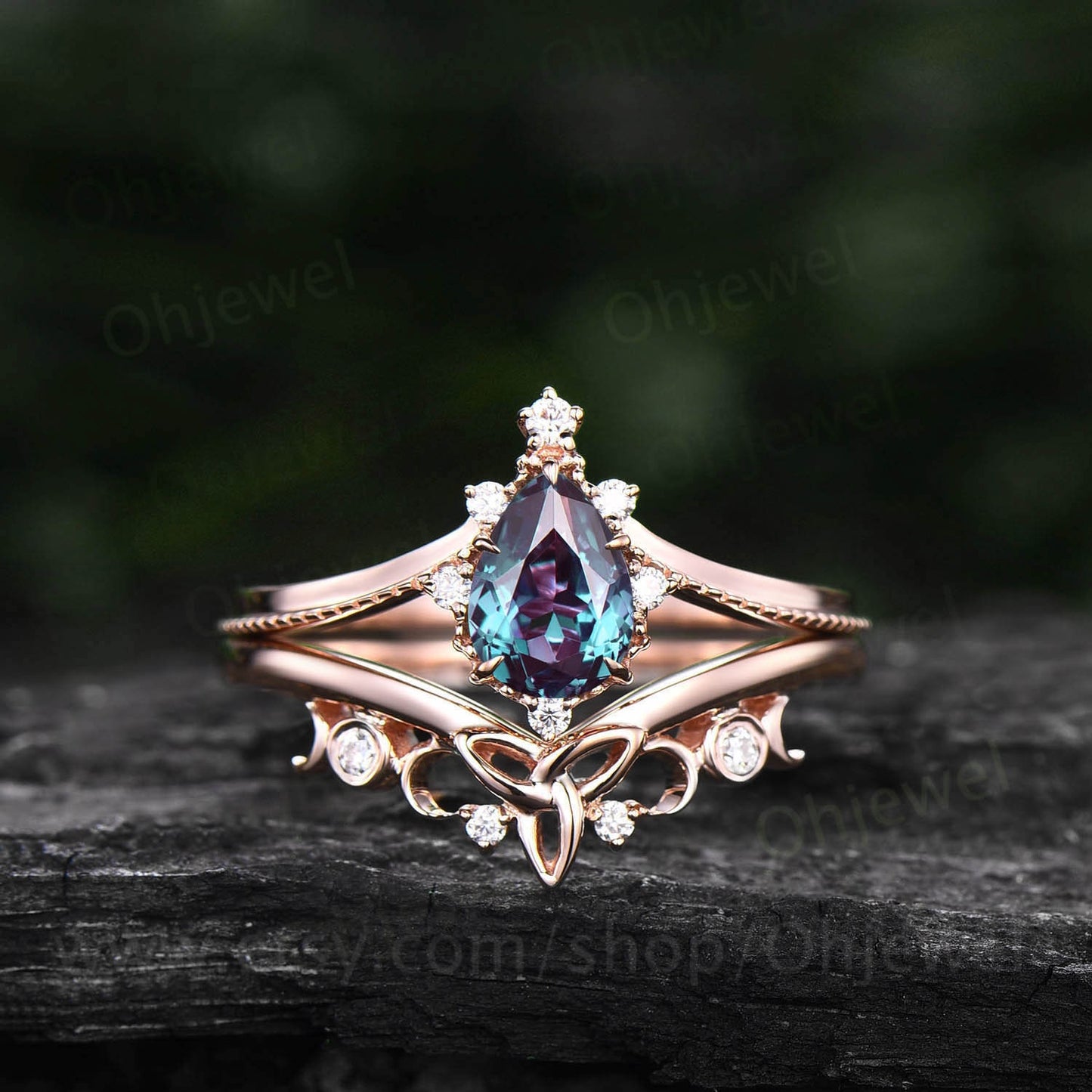 Unique wedding ring set Pear shaped alexandrite engagement ring set white gold vintage moissanite ring for women norse viking ring Jewelry