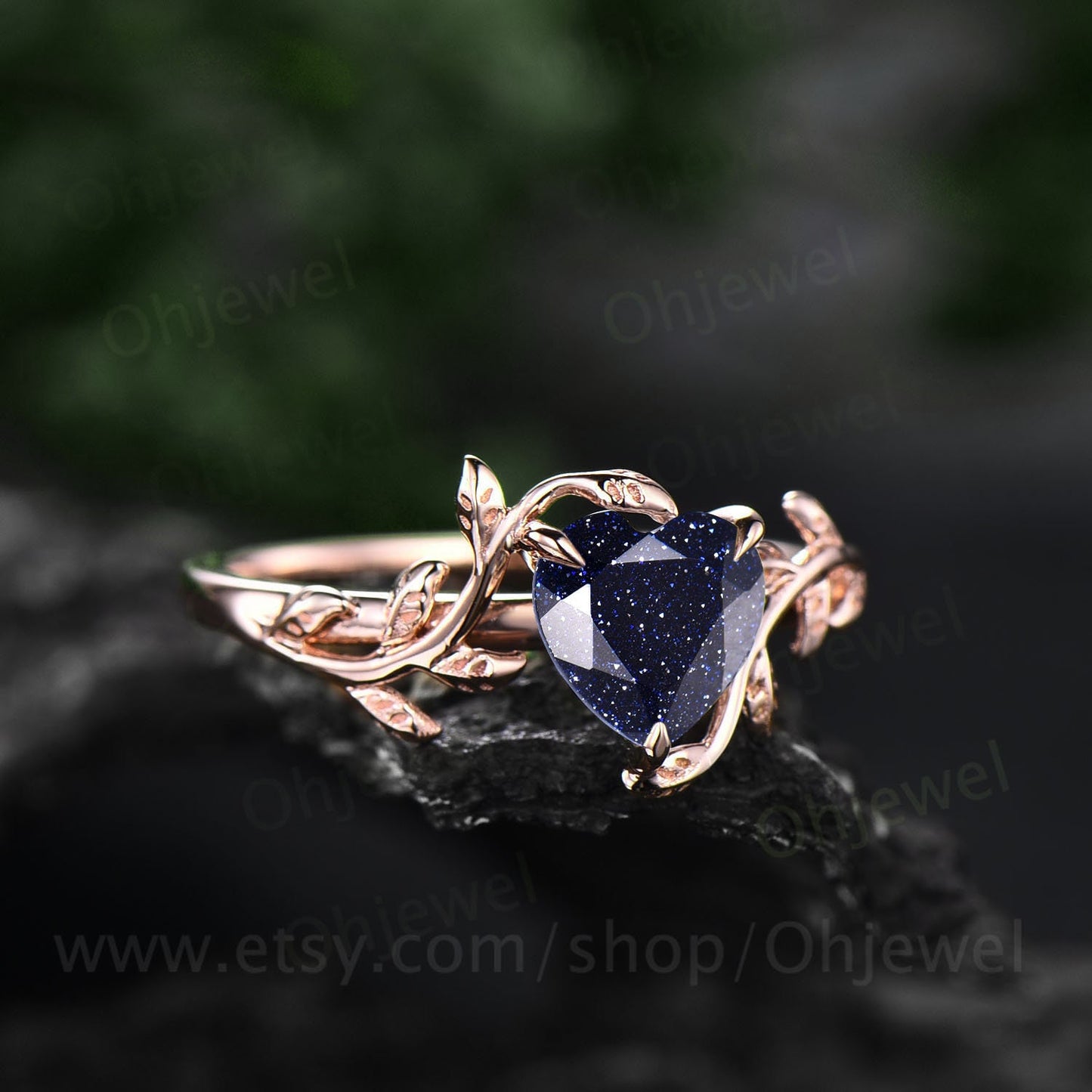 Heart shaped blue sandstone engagement ring leaf flower 14k rose gold silver unique vintage solitaire engagement ring wedding ring for women