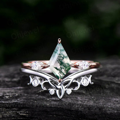 Vintage kite cut green moss agate engagement ring set rose gold three stone marquise cut moissanite ring unique wedding ring set for women