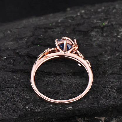 Hexagon blue sandstone engagement ring leaf flower rose gold silver unique vintage solitaire engagement ring bridal wedding ring for women