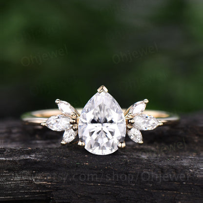 Vintage pear shaped moissanite engagement ring rose gold flower marquise cut diamond cluster engagement ring bridal wedding ring for women