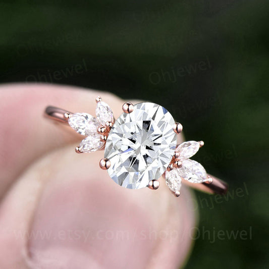 Vintage oval cut moissanite engagement ring 14k rose gold leaf flower marquise cut diamond cluster engagement ring wedding ring for women