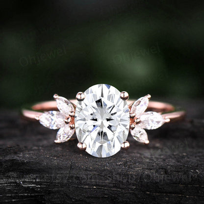 Vintage oval cut moissanite engagement ring 14k rose gold leaf flower marquise cut diamond cluster engagement ring wedding ring for women