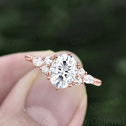 Oval cut moissanite engagement ring rose gold art deco vintage unique engagement ring marquise cut diamond twisted wedding ring for women