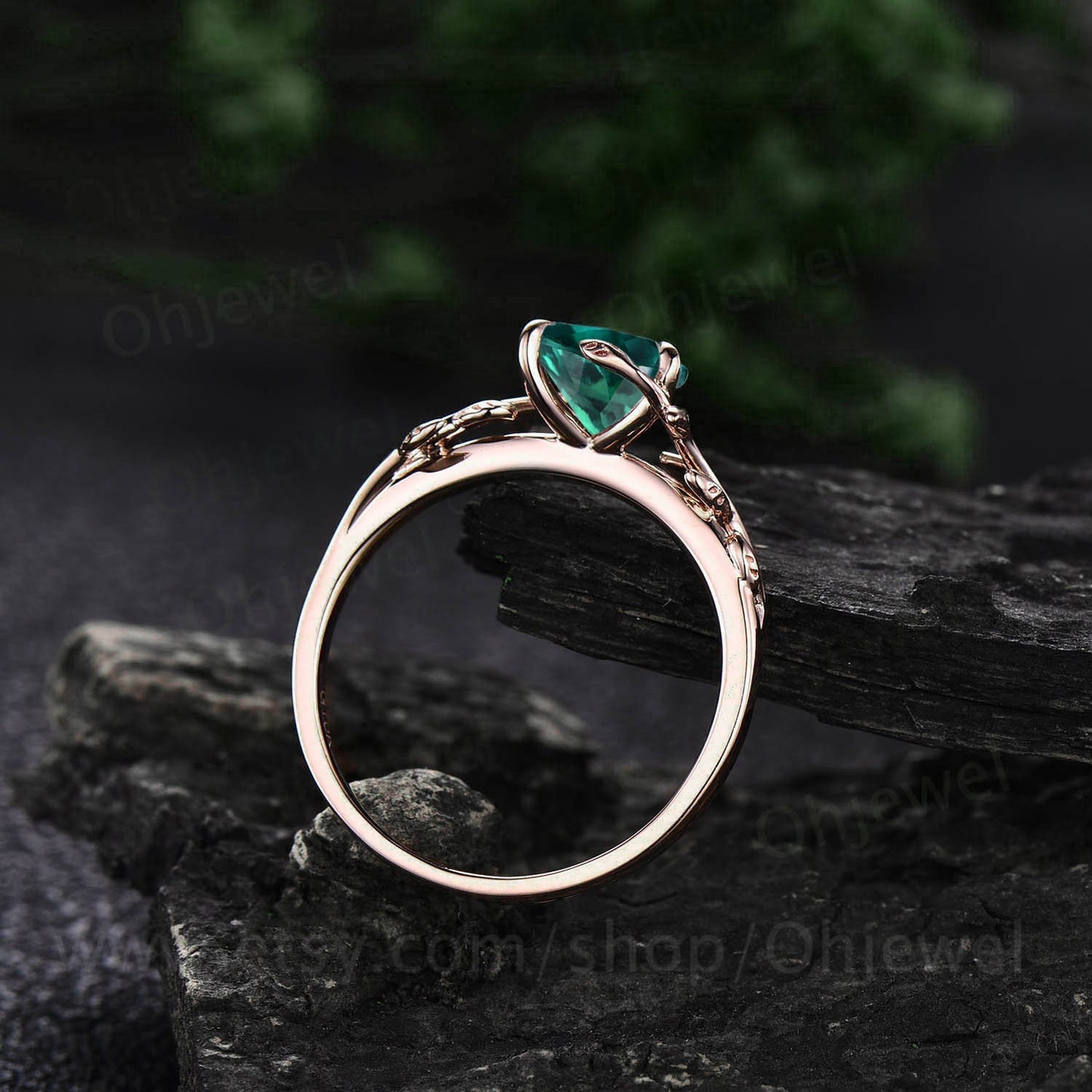 Heart shaped green emerald engagement ring leaf flower 14k rose gold silver unique vintage solitaire engagement ring wedding ring for women