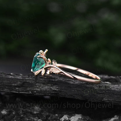 Heart shaped green emerald engagement ring leaf flower 14k rose gold silver unique vintage solitaire engagement ring wedding ring for women
