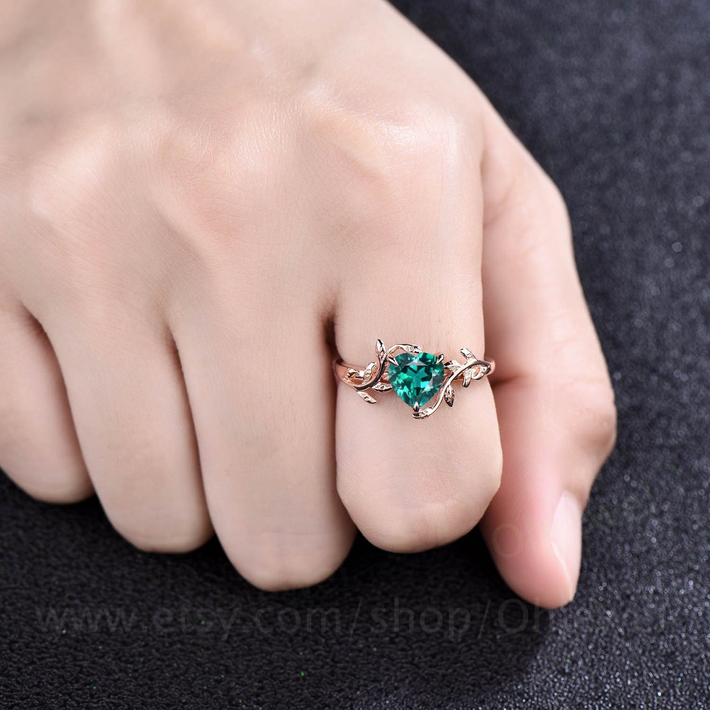 Heart shaped green emerald engagement ring leaf flower 14k rose gold silver unique vintage solitaire engagement ring wedding ring for women