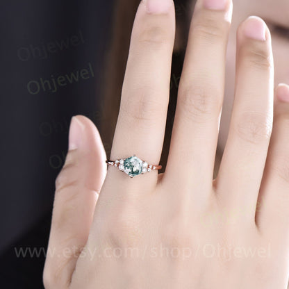 Vintage hexagon moss agate engagement ring 18k rose gold unique cluster snowdrift diamond engagement ring six prong wedding ring for women