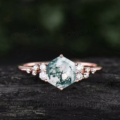 Vintage hexagon moss agate engagement ring 18k rose gold unique cluster snowdrift diamond engagement ring six prong wedding ring for women