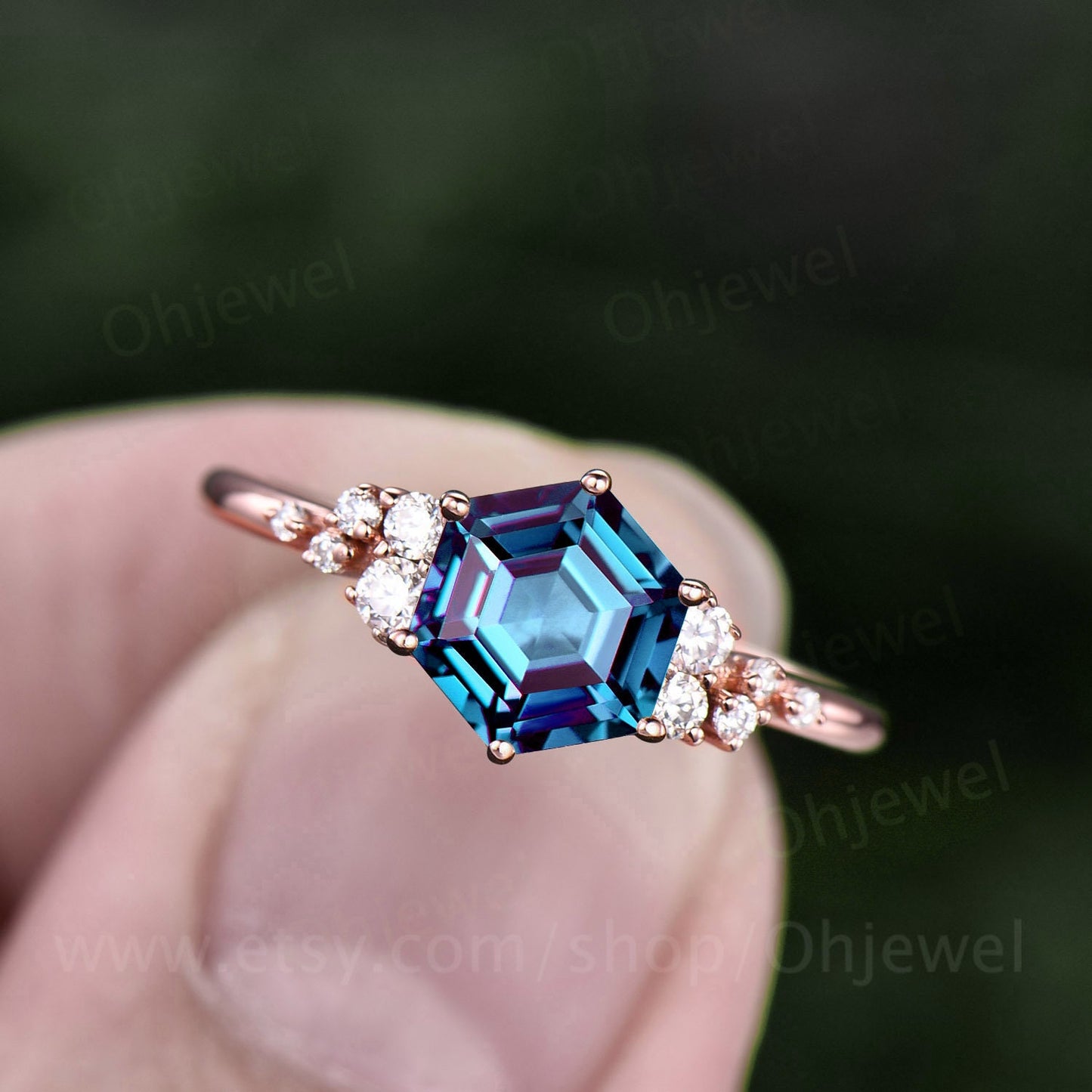 Vintage hexagon cut Alexandrite engagement ring rose gold unique cluster snowdrift diamond engagement ring six prong wedding ring for women