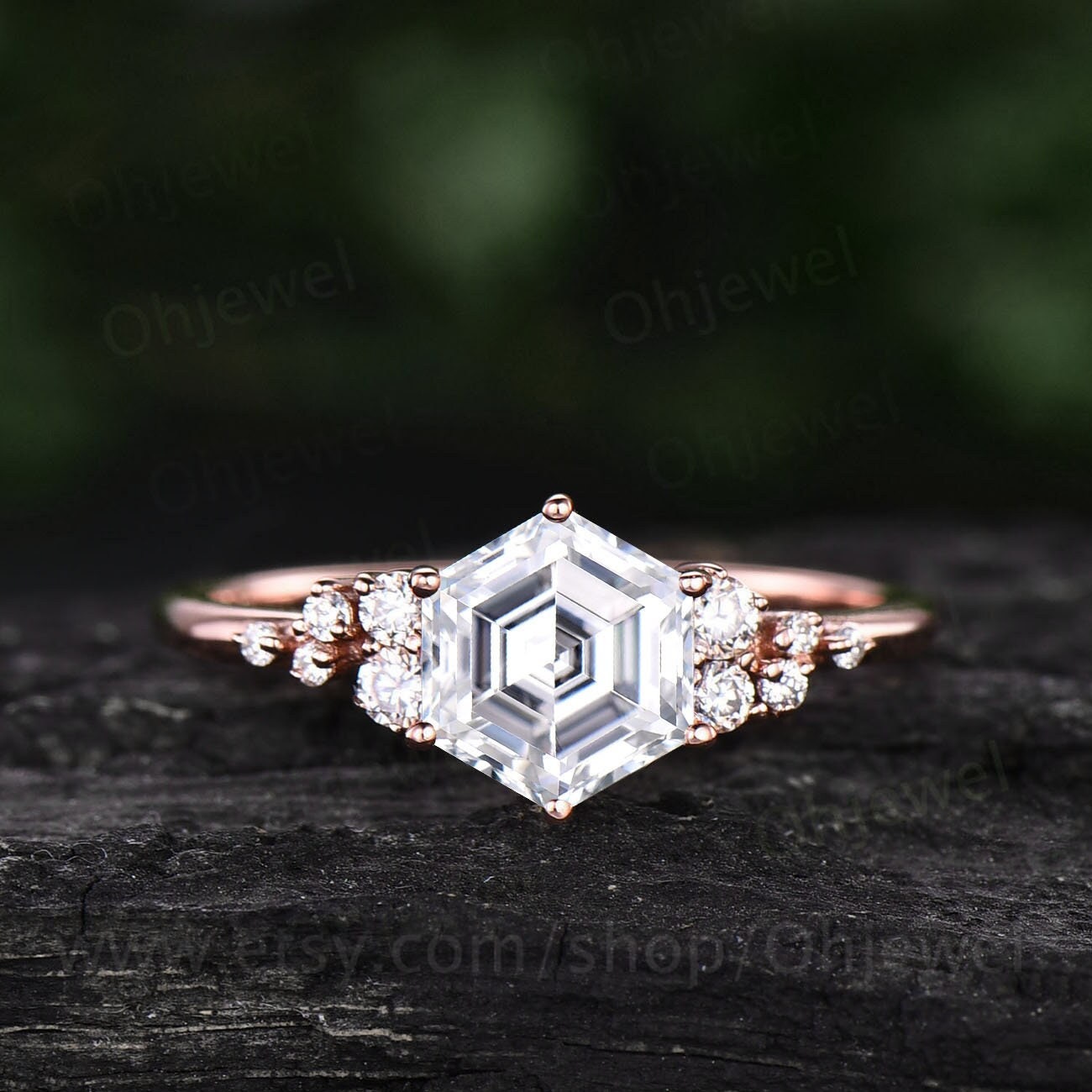 Vintage hexagon moissanite engagement ring 14k rose gold unique cluster snowdrift engagement ring six prong diamond wedding ring for women