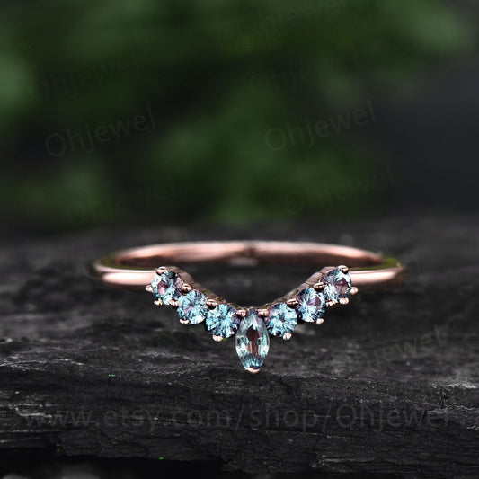 Marquise cut Alexandrite wedding band rose gold ring art deco curved wedding ring band June birthstone ring bridal anniversary ring women