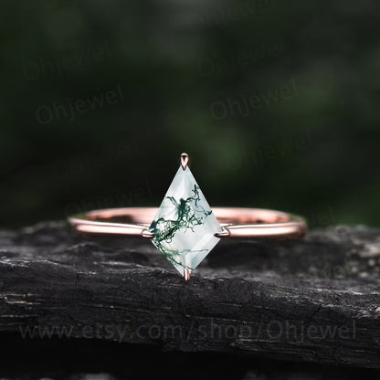 Vintage green moss agate engagement ring set 14k rose gold kite shaped moss agate ring silver antique moissanite wedding ring set for women