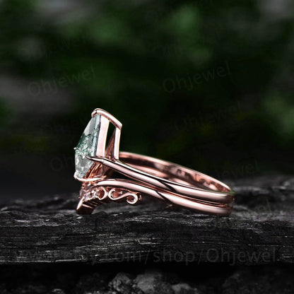 Vintage green moss agate engagement ring set 14k rose gold kite shaped moss agate ring silver antique moissanite wedding ring set for women
