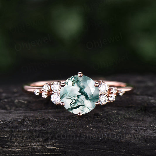 Vintage round cut green moss agate engagement ring 14k rose gold unique cluster snowdrift diamond ring for women promise wedding ring gifts