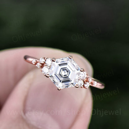 Vintage hexagon moissanite engagement ring 14k rose gold unique cluster snowdrift engagement ring six prong diamond wedding ring for women