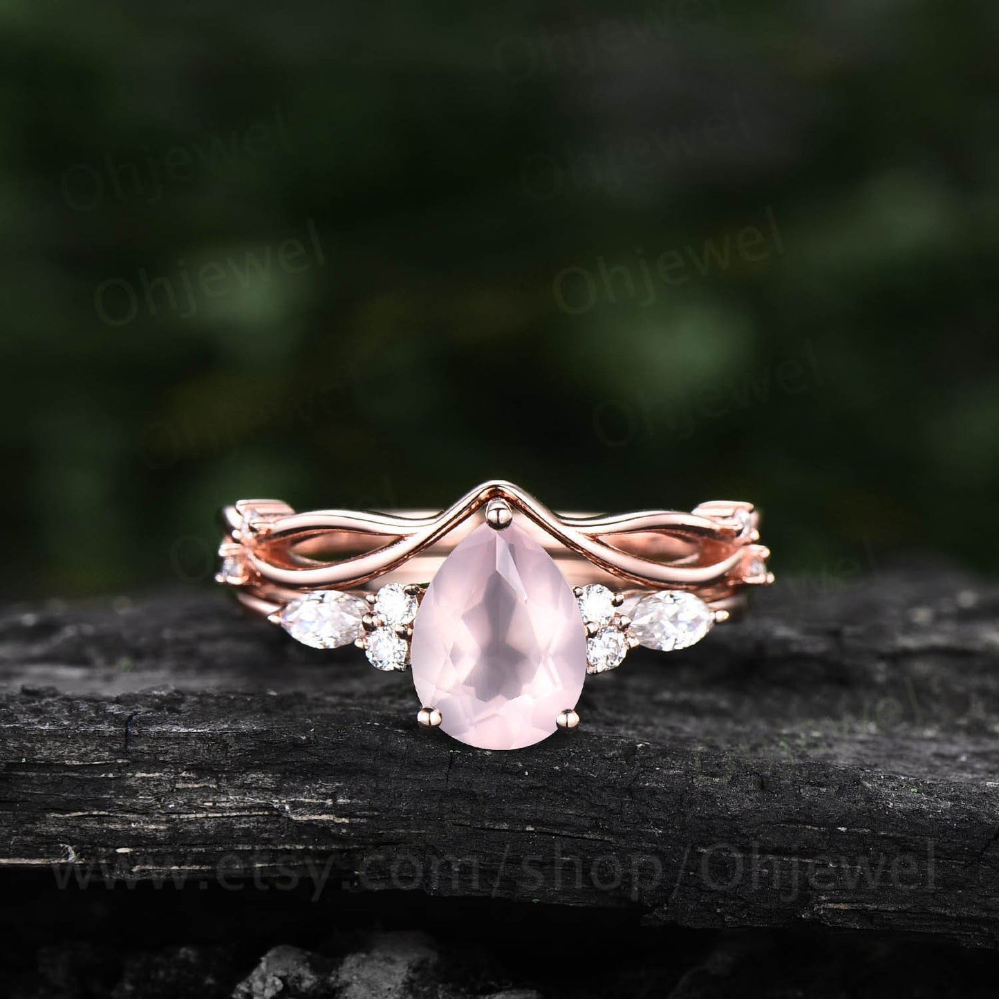 Unique vintage Pear shaped rose quartz engagement ring set rose gold art deco ring rose quartz ring silver moissanite bridal ring set women