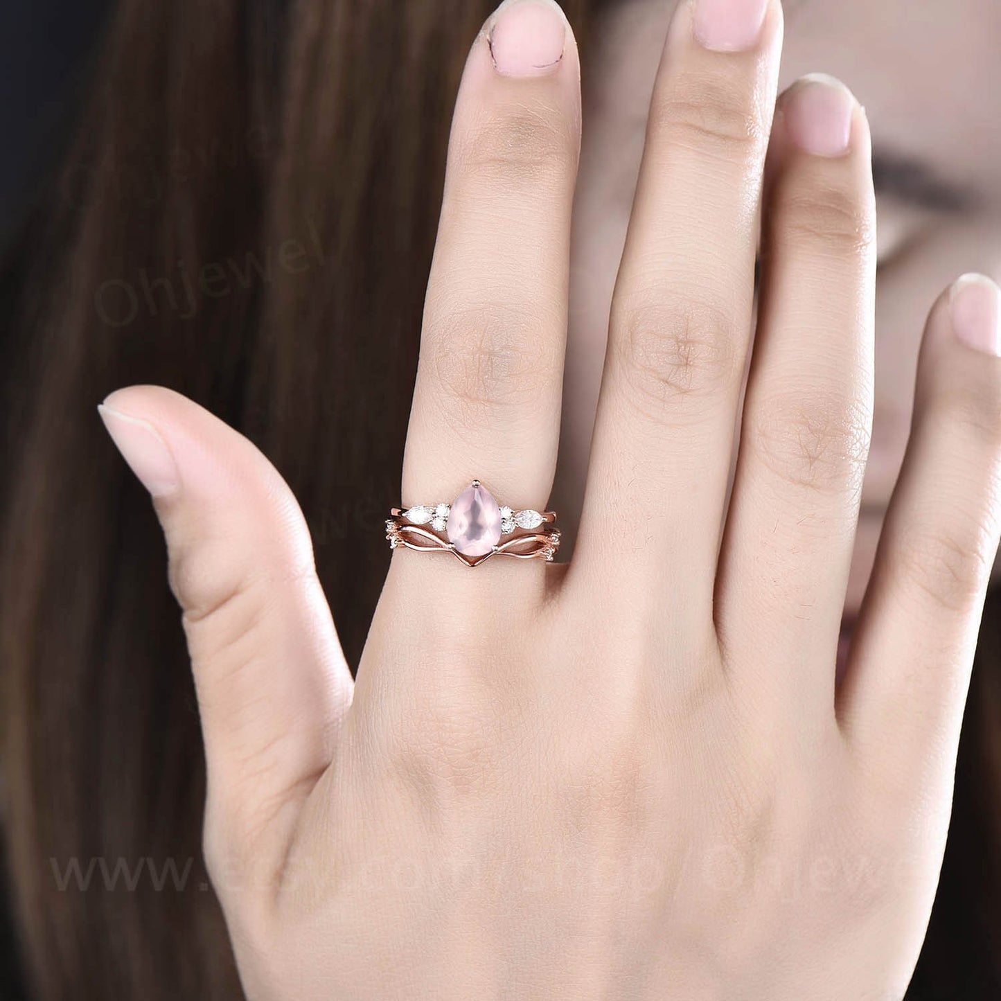 Unique vintage Pear shaped rose quartz engagement ring set rose gold art deco ring rose quartz ring silver moissanite bridal ring set women