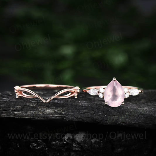 Unique vintage Pear shaped rose quartz engagement ring set rose gold art deco ring rose quartz ring silver moissanite bridal ring set women