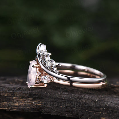 Unique vintage oval cut rose quartz engagement ring set rose gold rose quartz ring silver moissanite ring women Norse Viking ring Jewelry