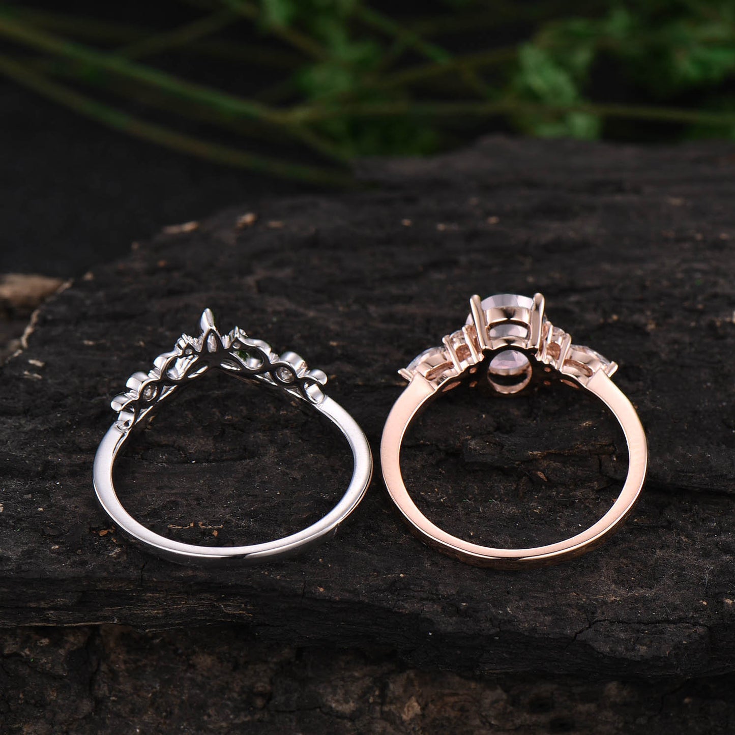 Unique vintage oval cut rose quartz engagement ring set rose gold rose quartz ring silver moissanite ring women Norse Viking ring Jewelry