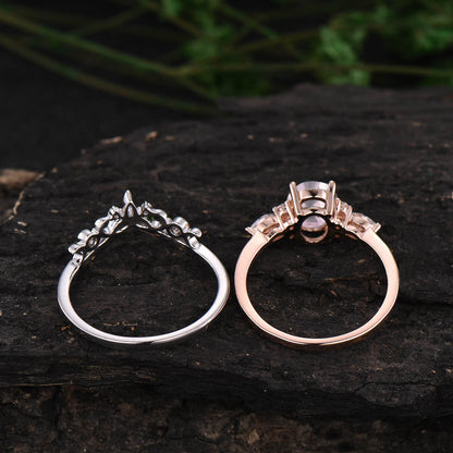 Unique vintage oval cut rose quartz engagement ring set rose gold rose quartz ring silver moissanite ring women Norse Viking ring Jewelry