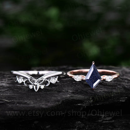 Vintage kite cut blue sandstone engagement ring set rose gold art deco three stone moissanite ring unique bridal wedding ring set for women