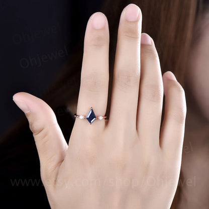 Vintage kite cut blue sandstone engagement ring set rose gold art deco three stone moissanite ring unique bridal wedding ring set for women