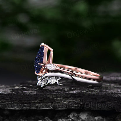 Vintage kite cut blue sandstone engagement ring set rose gold art deco three stone moissanite ring unique bridal wedding ring set for women