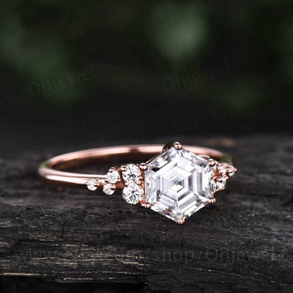 Vintage hexagon moissanite engagement ring 14k rose gold unique cluster snowdrift engagement ring six prong diamond wedding ring for women