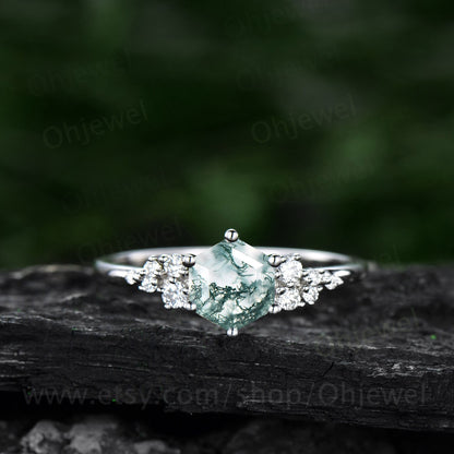 Vintage hexagon moss agate engagement ring 18k rose gold unique cluster snowdrift diamond engagement ring six prong wedding ring for women