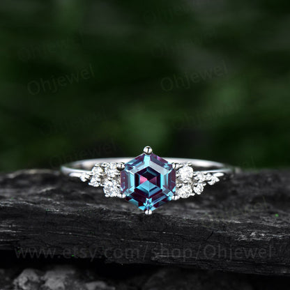 Vintage hexagon cut Alexandrite engagement ring rose gold unique cluster snowdrift diamond engagement ring six prong wedding ring for women
