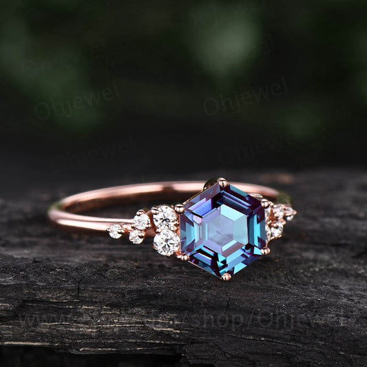 Vintage hexagon cut Alexandrite engagement ring rose gold unique cluster snowdrift diamond engagement ring six prong wedding ring for women