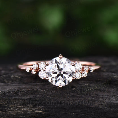 Cluster unique vintage moissanite engagement ring rose gold silver round cut promise ring women six prong ring custom bridal wedding ring