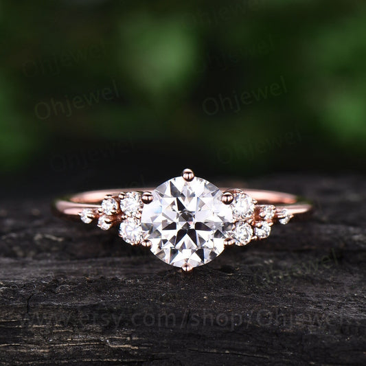 Cluster unique vintage moissanite engagement ring rose gold silver round cut promise ring women six prong ring custom bridal wedding ring