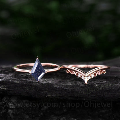 Kite cut blue sandstone ring for women vintage unique solitaire blue sandstone engagement ring set 14k rose gold moissanite wedding ring set